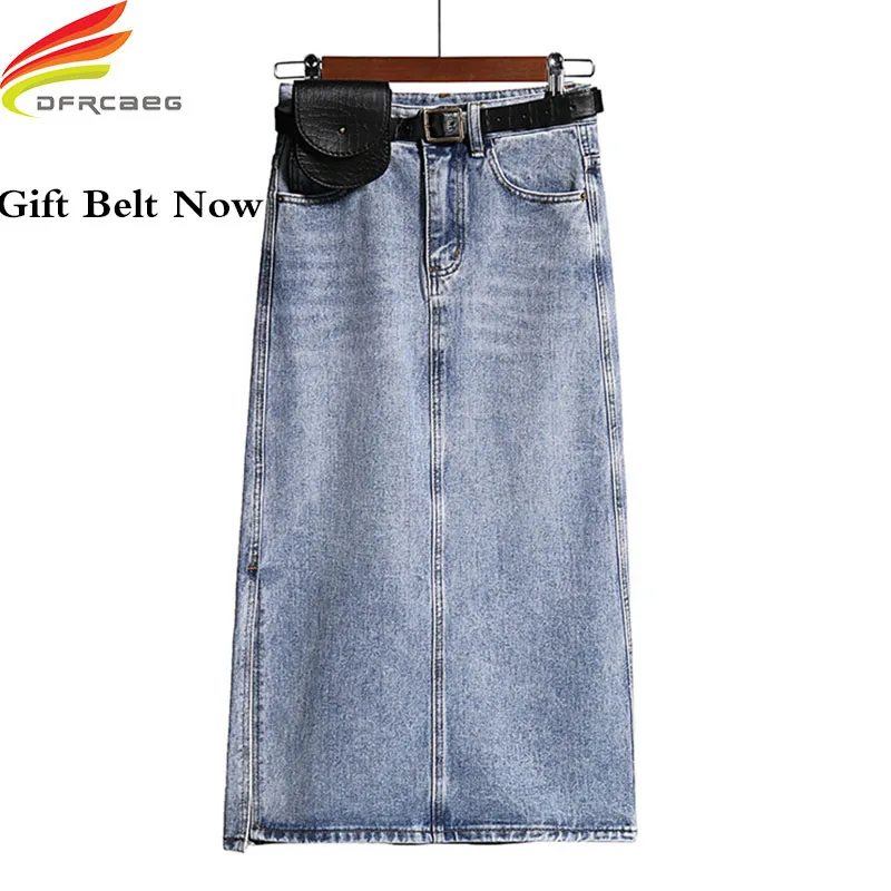 Long Denim Skirt Women Street Wear High Waist Jeans With Belt Straight A-line Pencil Elegant Summer 2020 Hot Sale | Женская одежда