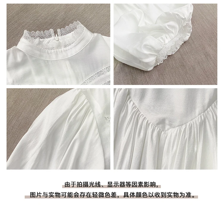 

Summer Office Lady Vintage Hollow Out White High Waist Solid Color Was Thin Print Patchwork Round Neck Puff Sleeve Dress