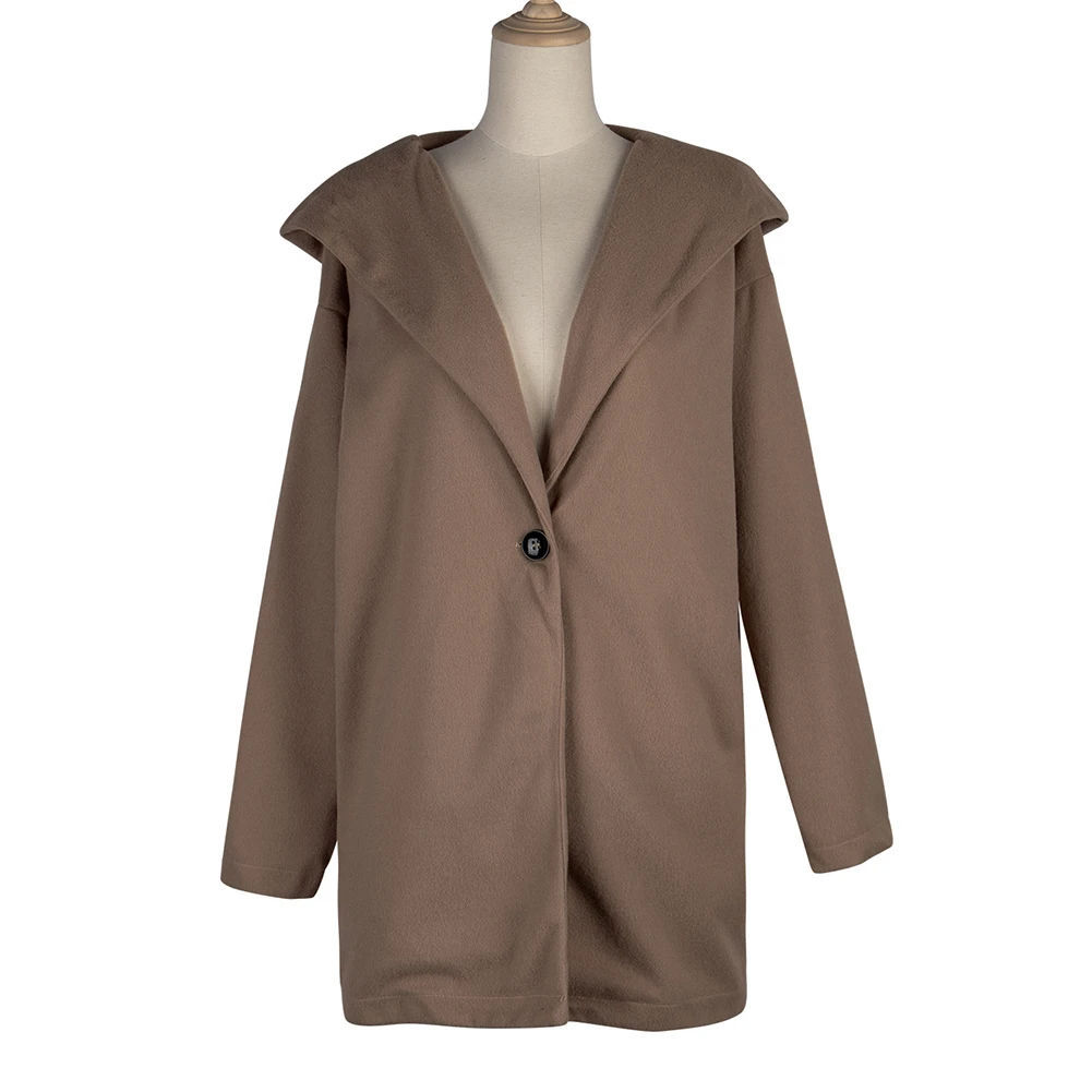 

Women Autumn Winter Shawl Collar Buttons Warm Hooded Jacket Long Coat Outerwear