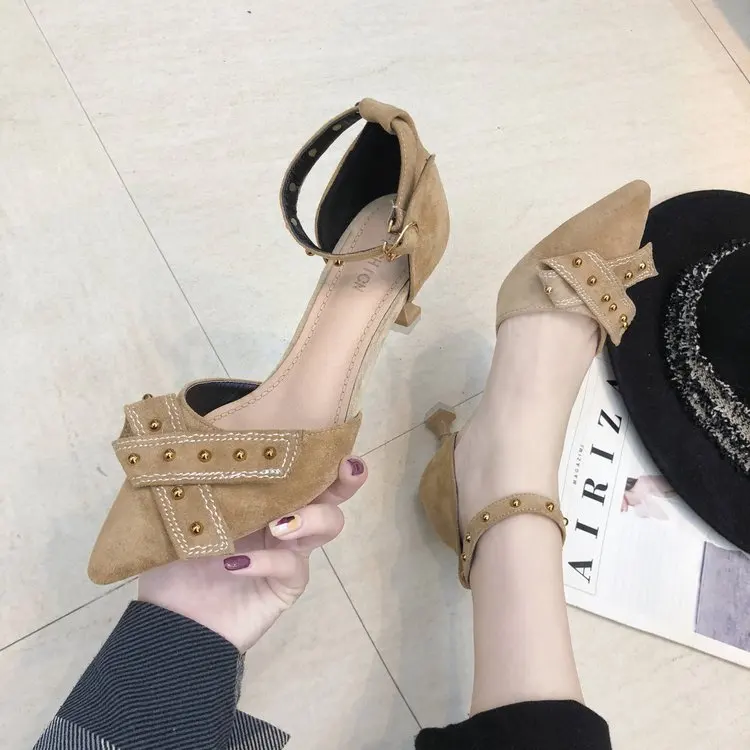 

2020 Spring New Thin Shallow Mouth Hollow Single Shoes Stiletto Cat With A Word Buckle High Heels Sandals