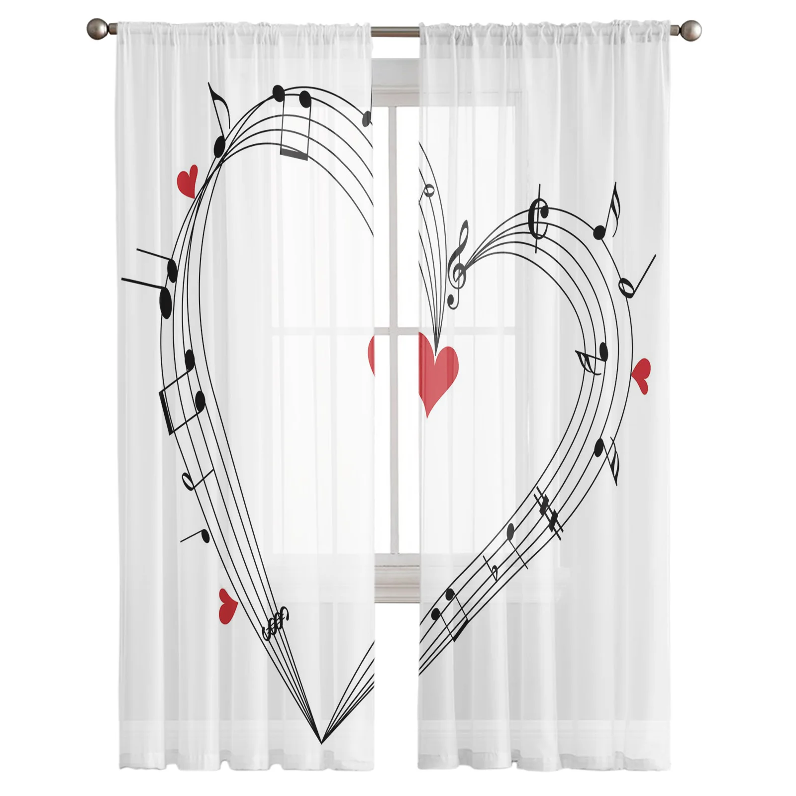 Шторы из вуали с музыкальным символом и красным сердцем занавески для гостиной