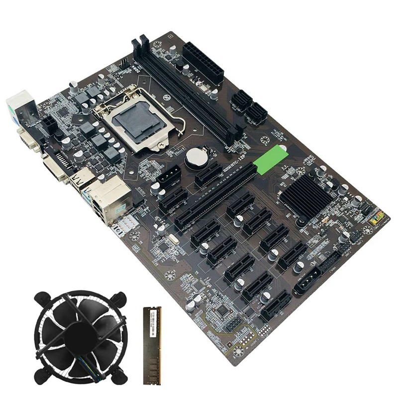 

Материнская плата B250 BTC для майнинга с DDR4 4 Гб 2133 МГц ОЗУ + вентилятор охлаждения, материнская плата для майнинга 12 GPU Ethernet LGA 1151