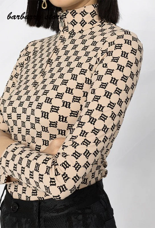 

2021 spring autumn high end branded Retro zipper letter top black Reflective women fashion tops High neck long sleeve T-shirt