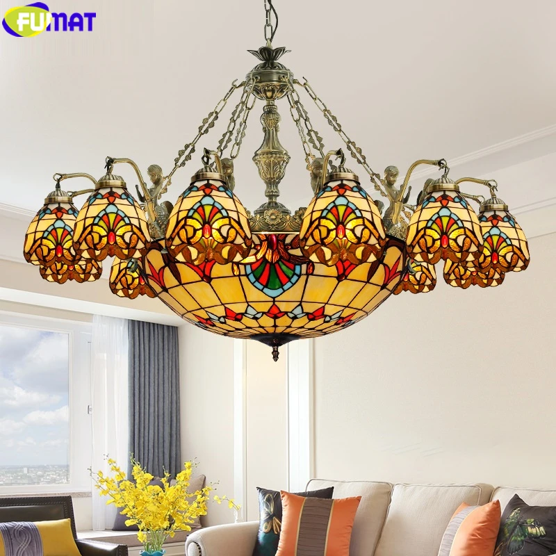 

FUMAT Tiffany Baroque Style Chandeliers Multi Heads Stained Glass Hanging Light Fixture Mermaids Frame House Decor Art LED Lamps