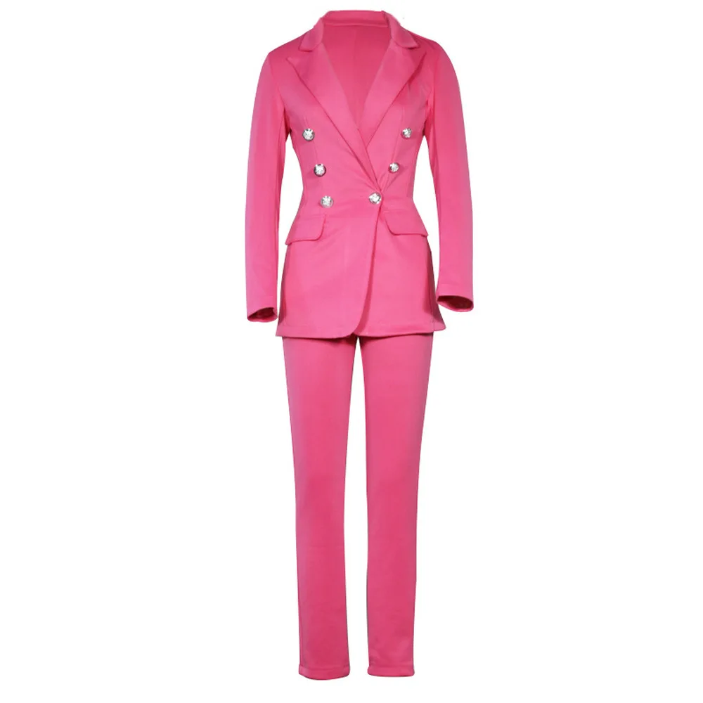 

Pink/yellow Office Lady Work Business Two Piece Suit Womens Sets Notched Long Sleeve Slim Fit Blazers and Pencil Pant Elegant