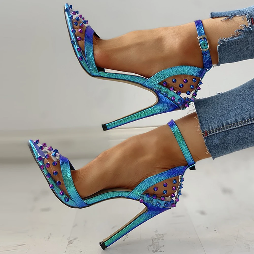 

RIBETRINI Fashion Ins Brand Rivet Decorating Shoes Women Trendy Transparent Pvc Sandals Sexy Party High Heels Sandals