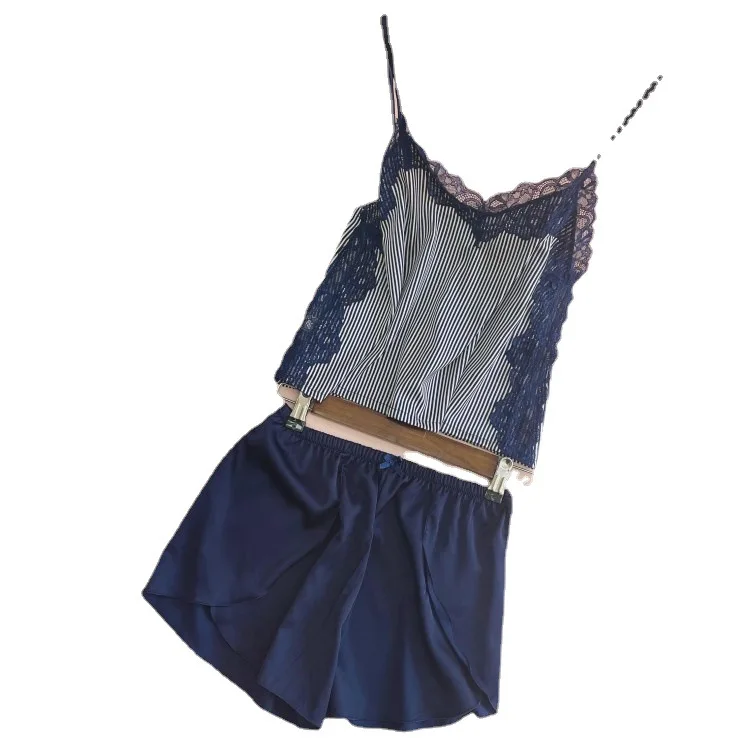 

Women Lace Trim 2PCS Pajamas Set Sexy V-Neck Strap Top&Shorts Home Clothes Faux Slik Sleepwear Casual Striped Print Nightwear