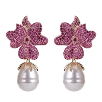 luxury wedding jewelry long pearl flower earrings 925 silver needle micro pave cubic zirconia stud earring designer dangler