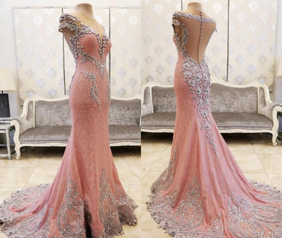 

Luxury Lace Crystals Beaded Pink Prom Dresses Sheer Neck Mermaid Back Buttons Robe De Soiree Evening Dress Abiye Gece Elbisesi