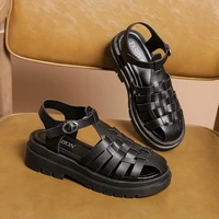 2021 new summer gladiator platform round toe retro sandals leather cut outs rome female shoes buckle slingback women med heels