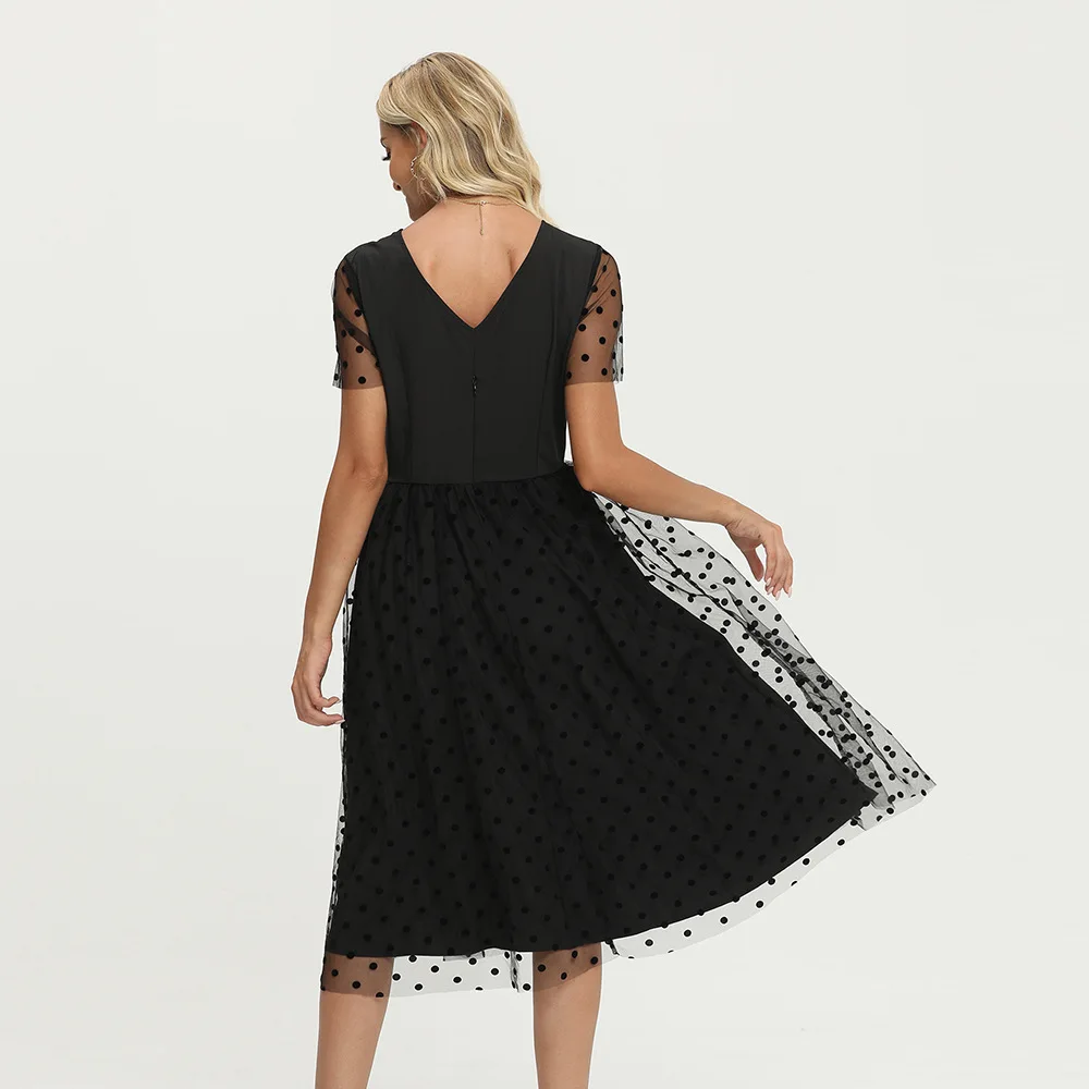 

French Style See Through Vintage Dress Summer Empire Polka Dot Ladies Frocks for Women Casual Balck Mid-calf Short Sleeve Dress