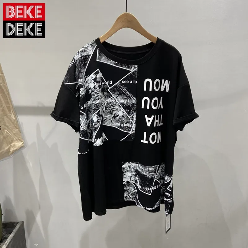 

2021 Summer Mens Hip Hop O-Neck Short Sleeve T-Shirts Loose Spliced Fashion Print Male Pullover Vintage Blouse Korean Style