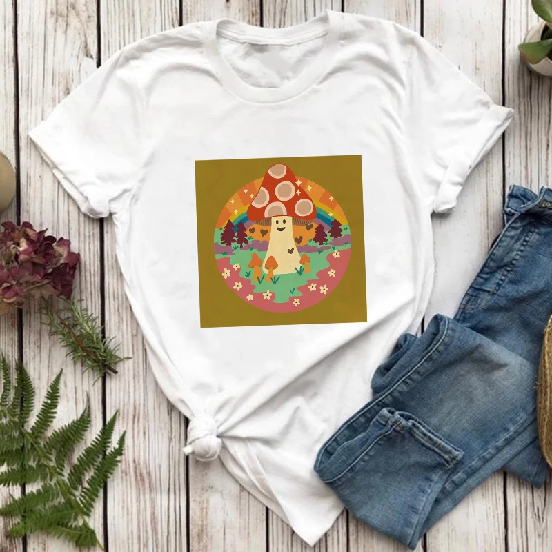 

Уличная одежда, женские футболки, женские футболки с графическим принтом в виде грибов, летние белые футболки, женские футболки с коротким р...