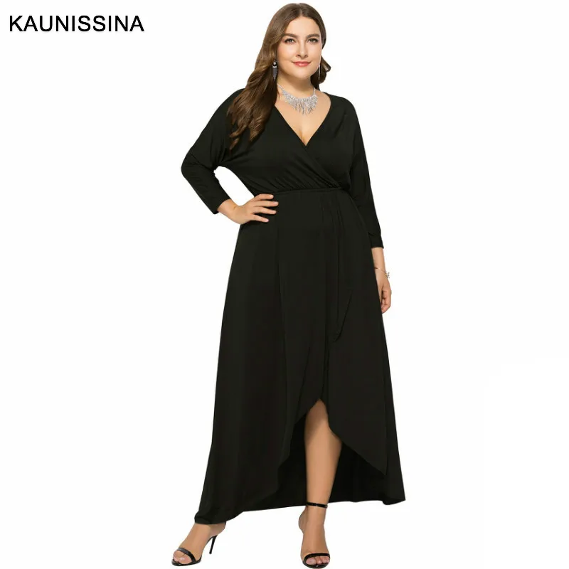 KAUNISSINA Plus Size Party Gown Women Long Sleeve Solid Cocktail Dresses V-neck Homecoming Dress Formal Robe | Свадьбы и торжества