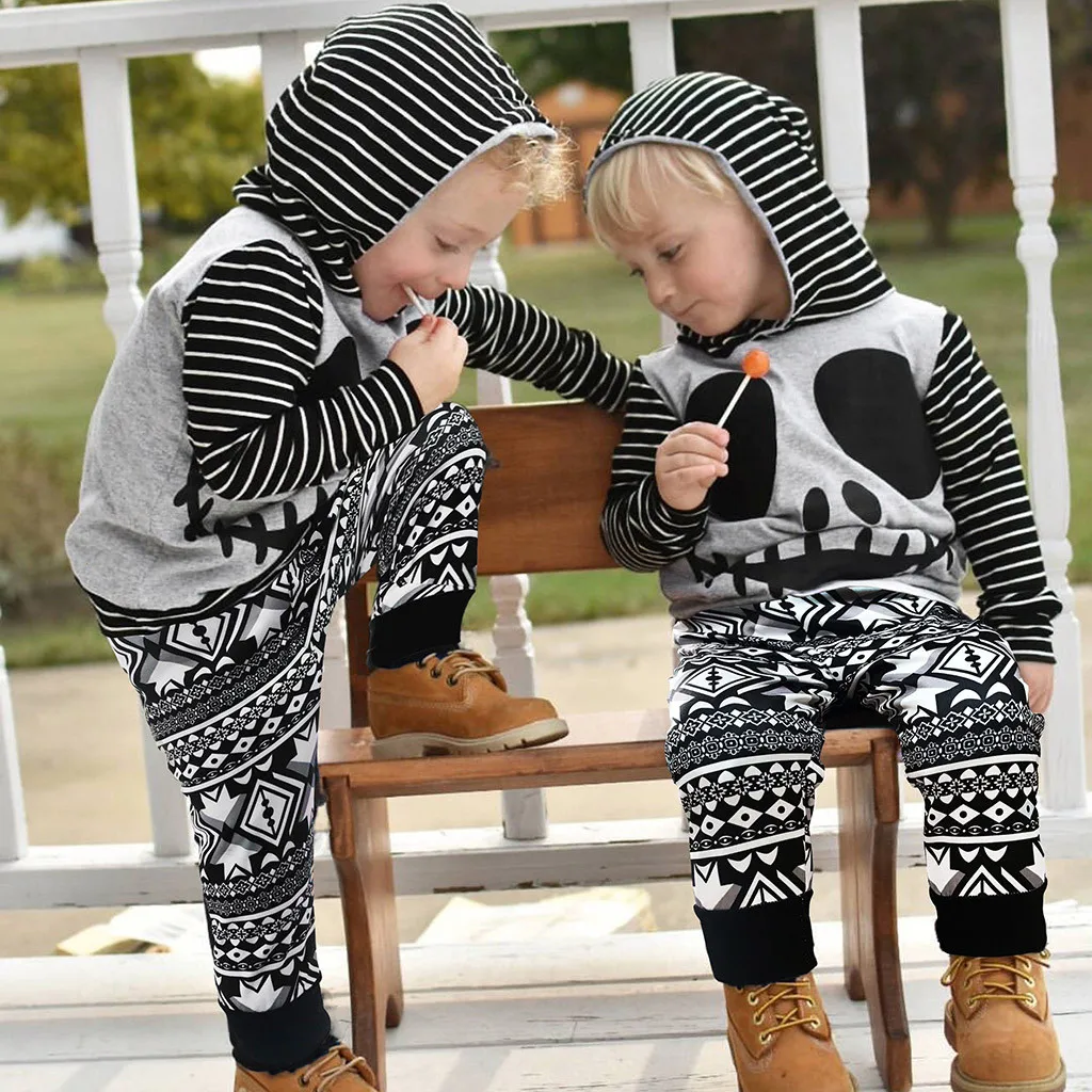 Комплект одежды на Хэллоуин для малышей топ с капюшоном и полосатыми мультяшными