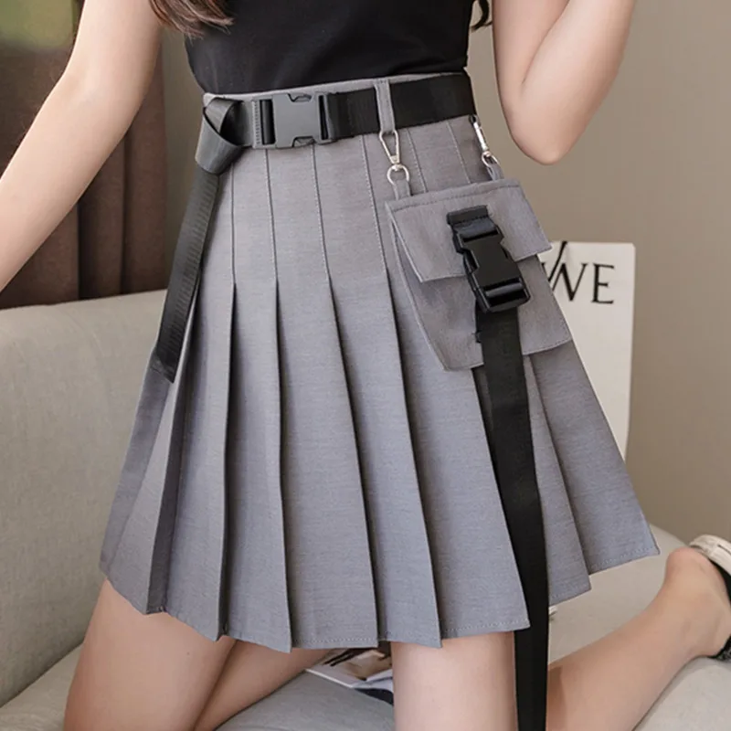 #0230 Black White Grey Pleated Skirt Women With Belt Sexy Mini Skirt Ladies High Waist Short A-Line Skirt Korean Style Summer