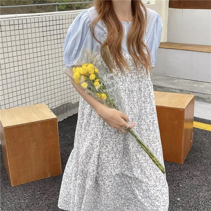 

Summer 2021 new Korean Short Sleeve Shirt + floral loose suspender dress casual two piece set / single piece [deliver within 5