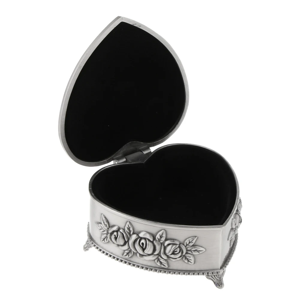 

Vintage Flower Carved Metal Heart Jewelry Storage Box Trinket Earrings Case