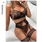 MIRABELLE чувственное нижнее белье, сетчатый прозрачный комплект нижнего белья, клетчатый кружевной бюстгальтер пуш-ап для женщин, 3 предмета, подвязки, стринги, Эротические комплекты