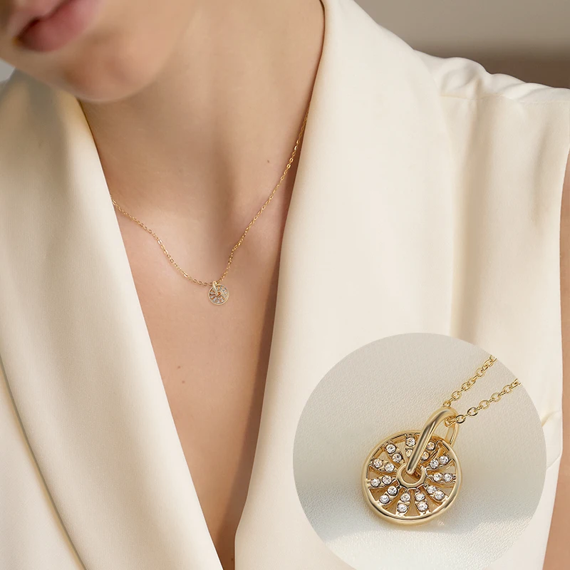 

JIAN Fashion Round Zircon Pendant Neckalce Choker Elegant Gold Color Rhinestone Chain Women Jewelry Birthday Gift for Girlfriend