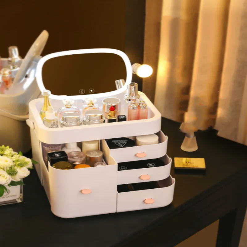 Со светодиодным зеркалом косметический ящик для хранения домашний туалетный