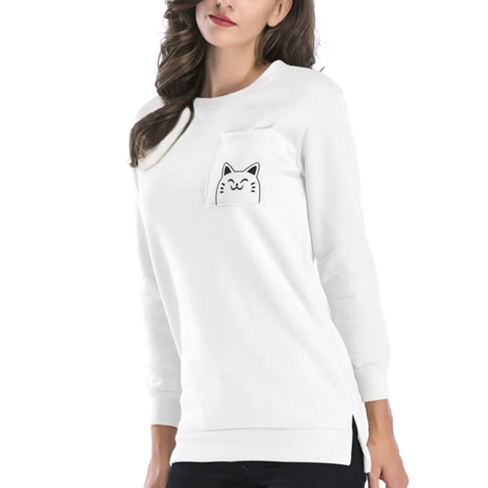 

Spring Hoodie Cat Print Casual Harajuku Fashion Cute Pullover Hoodies Women New Round Neck Sweatshirt Sexy Long Sleeve Hoodie