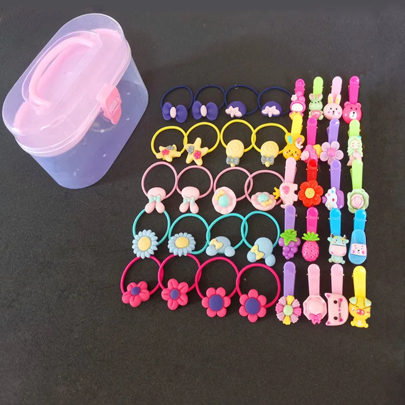 

40Pcs Fashion Kids Hair Accessories Girls Hairband Rubber Scrunchie Cartoon Flowers Elastic Present Box Hair Bands For Children