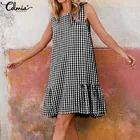 Женское винтажное клетчатое летнее платье 2021 Celmia, Женский Повседневный пляжный сарафан без рукавов с круглым вырезом, Свободные плиссированные платья