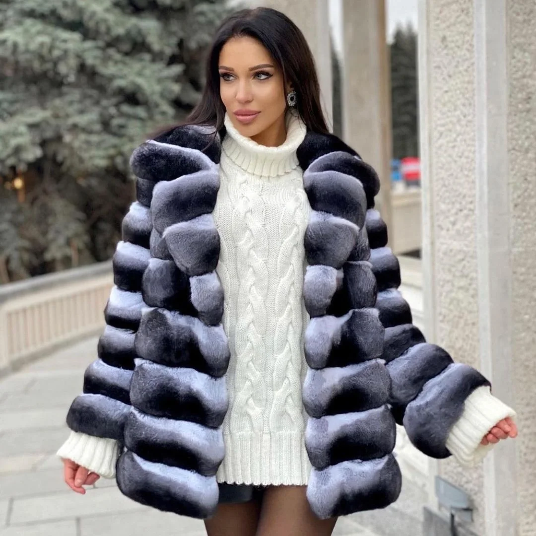 Women Natural Rex Rabbit Fur Jacket with Turn-down Collar 2022 Trendy Whole Skin Genuine Rex Rabbit Fur Coat Woman Fur Overcoats