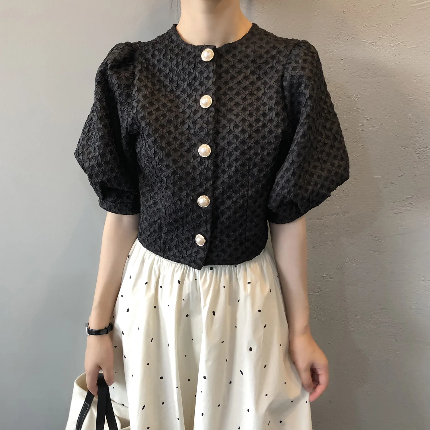 

Nurmore O Neck Short Sleeve T Shirt Women Summer Casual Button Crop Top Vintage Puff Sleeve Shirt T Shirt Tops