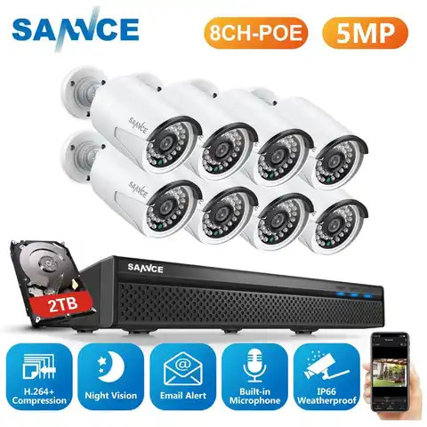 SANNCE 8CH POE 5MP NVR комплект CCTV система безопасности 2MP ИК наружная водонепроницаемая IP камера с микрофоном аудио запись видео наблюдения комплек...