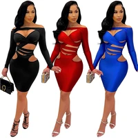 sexy cut out long sleeve cross bandage mini dress solid off the shoulder zipper package hip dress nightclub party bodycon