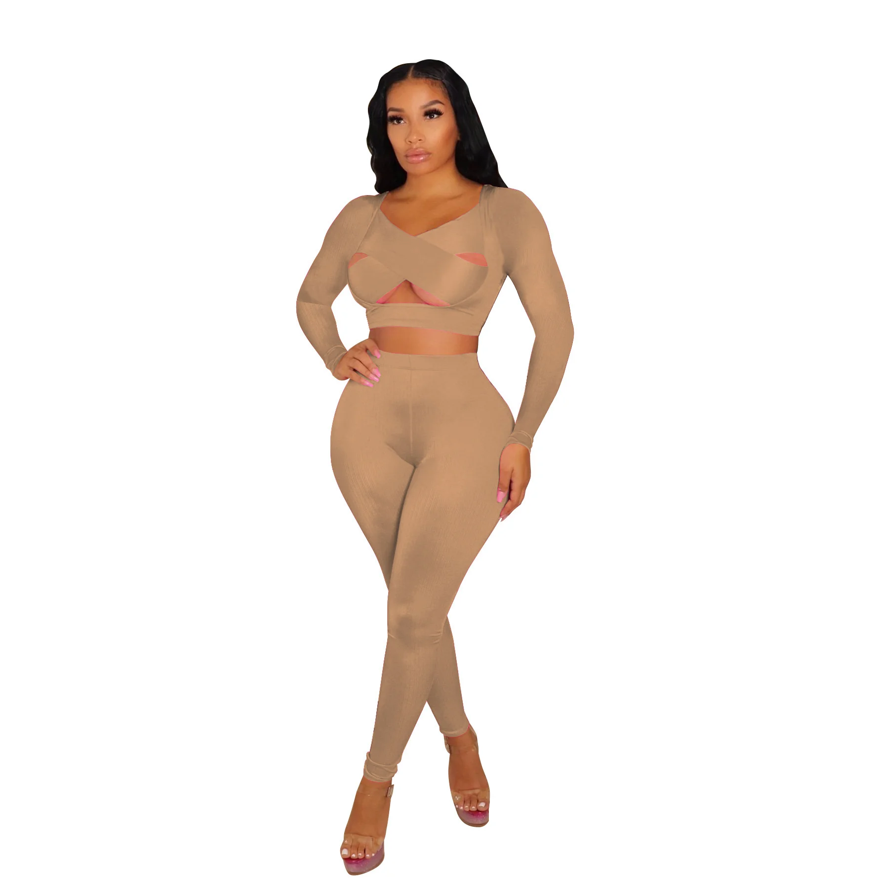 

Sexy Fashion Set Outfits Long Sleeve Crop Top Set Women's Hollow Out Skinny High Waisted Trousers Pencil Pants Suit