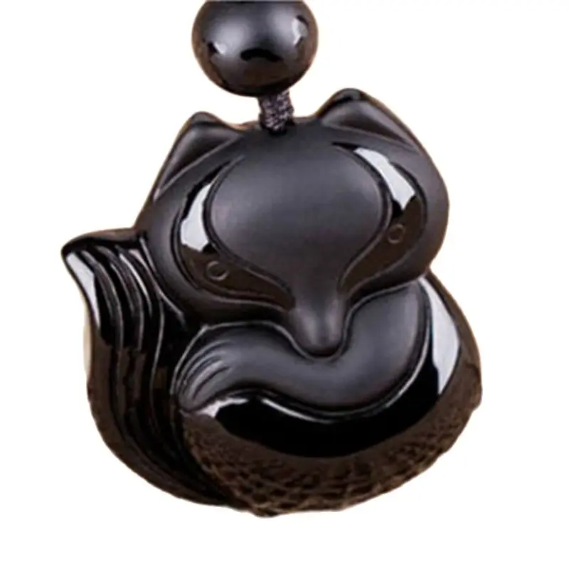 

Black 100% Natural A Obsidian Carved Fox Pendant Giving Black Rope