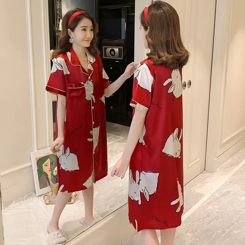 

Women Print Nightdress Short Home Dressing Gown Intimate Lingerie Satin Sexy Sleepshirt Nightgown Casual Summer New Homewear