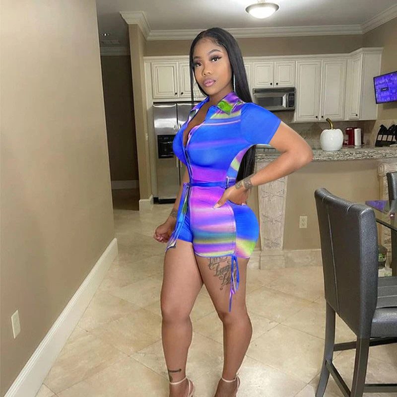 

Summer Playsuits Variegated Color Women Overalls Rompers Shorts Short Sleeve Turn-down Collar Playsuit Sportswear Female Ladies