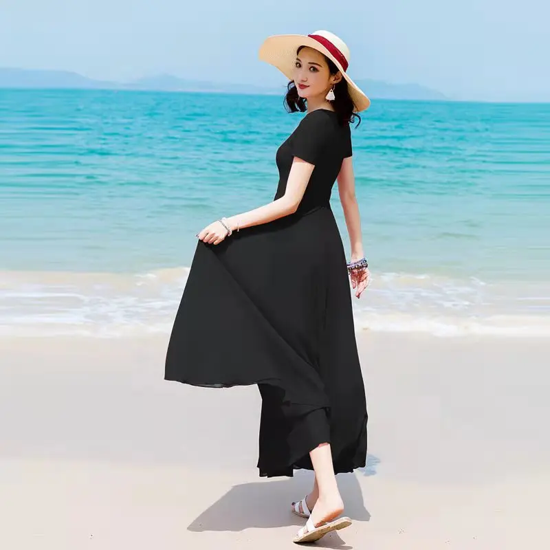 

Plus Size Women Summer Bohemia Long Dress Fashion O-Neck Beach Holiday Ruffles Dress Solid Short Sleeve Casual Party Vestidos