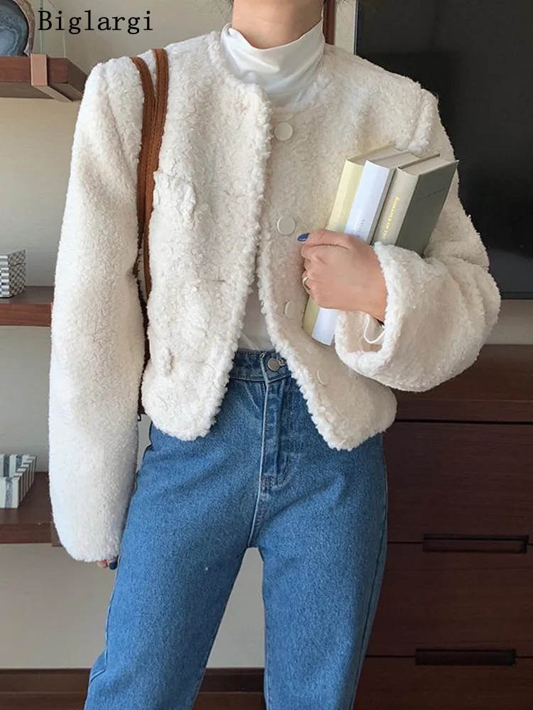 

2021 Autumn Winter Jackt Women Korean Style Warm Fur Coat Simple Round Neck Long Sleeve Streetwear Tops Chaqueta Mujer