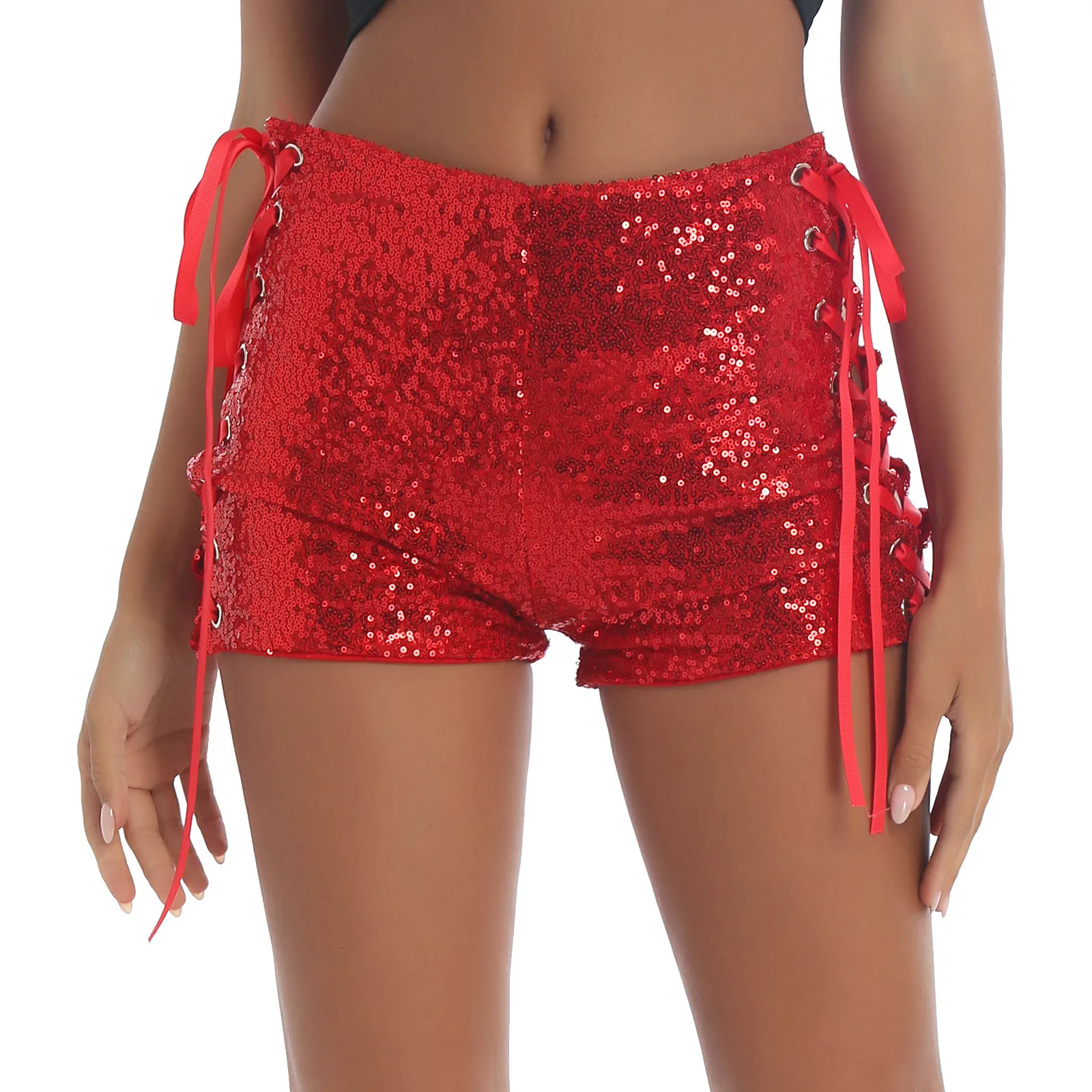 

Women Glitter Sequins Side Lace-Up Sexy Mini Hot Pants Nightclub Party Festival Rave Stage Performance Costume Pole Dance Shorts