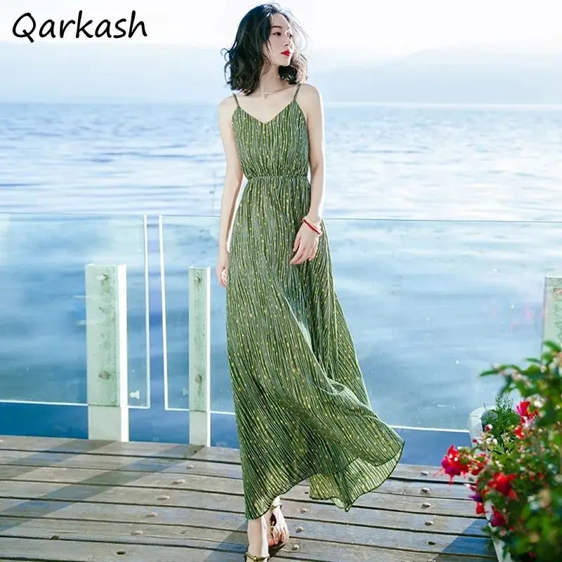 

Sleeveless Dress Women Print Boho Beach V-neck Ankle-length All-match Female Oversize S-3XL Simple Sundress Vintage Popular Chic