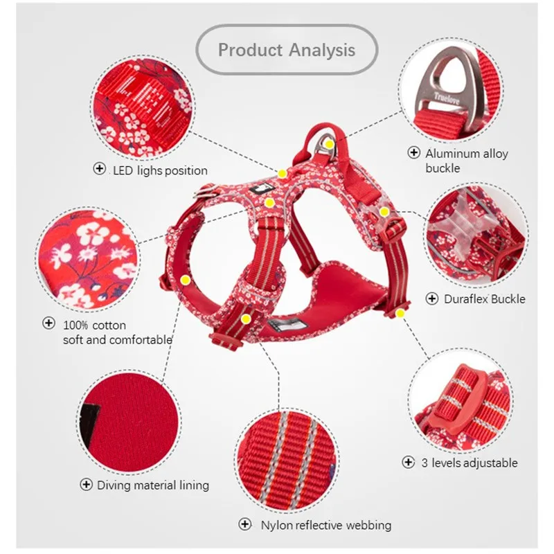 

Truelove Pet Harness Floral No Pull Cotton Fabric Breathable and Reflective Soft Cats Dogs Small Medium Walking Running TLH5655