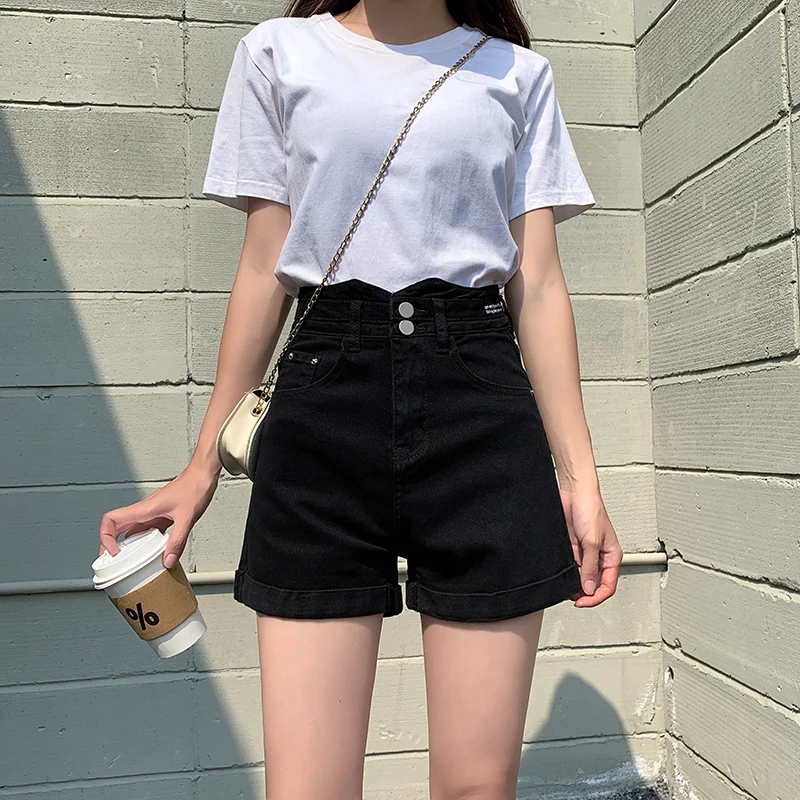 

Black Denim Shorts women's summer thin 2021 new high waist slim loose wide leg A-line white hot pants