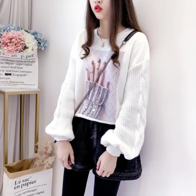 Женские расклешенные пуловеры с блестками и принтом в Корейском стиле осенние