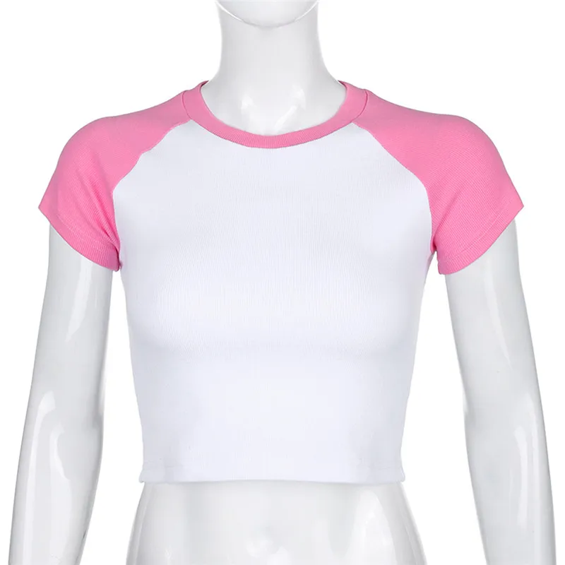 

2021 Fashion Trend Women Summer T-Shirt Short Sleeve Round Neck Colorblock Crop Top Casual Skinny Pullover Simple Tees