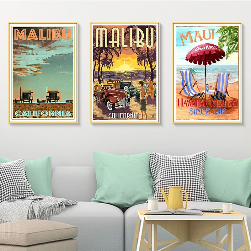 Летняя Праздничная Картина на холсте Los Angeles Malibu America City винтажные крафт постеры с