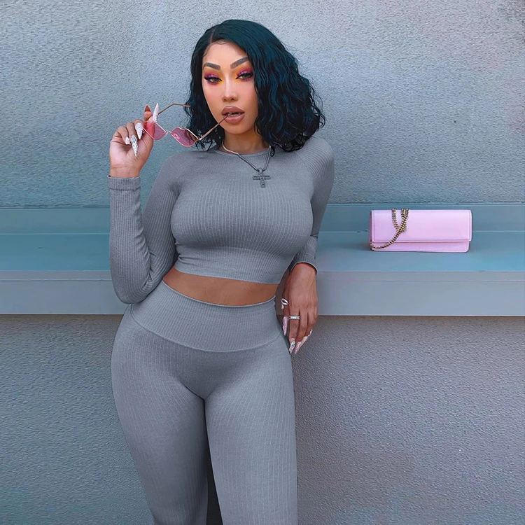 

Fall Women Matching Sets Causal O-Neck Long Sleeve Ribbed Crop Top+skinny Pants 2 Piece Sets Womens Outfits Ropa Deportiva Mujer