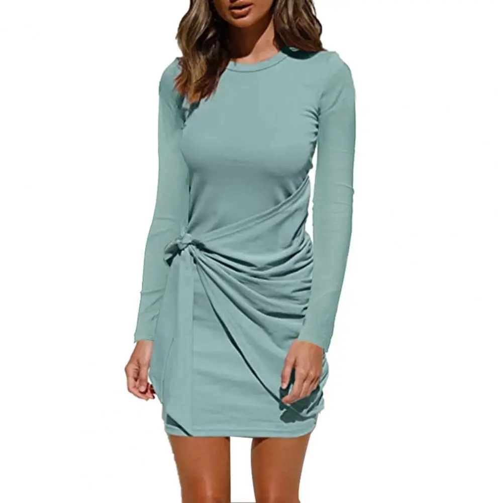 

dresses for women 2021 Lady Dress Solid Color Round Neck Above Knee Casual Autumn Dress Slim-cut Tight Waist Knot Dresses