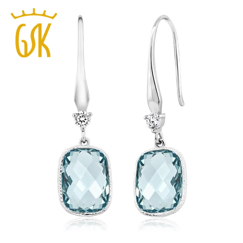 GemStoneKing Твердые 925 Strerling серебряные Висячие серьги Рождественский подарок шахматная доска синие серьги с аквамарином для женщин
