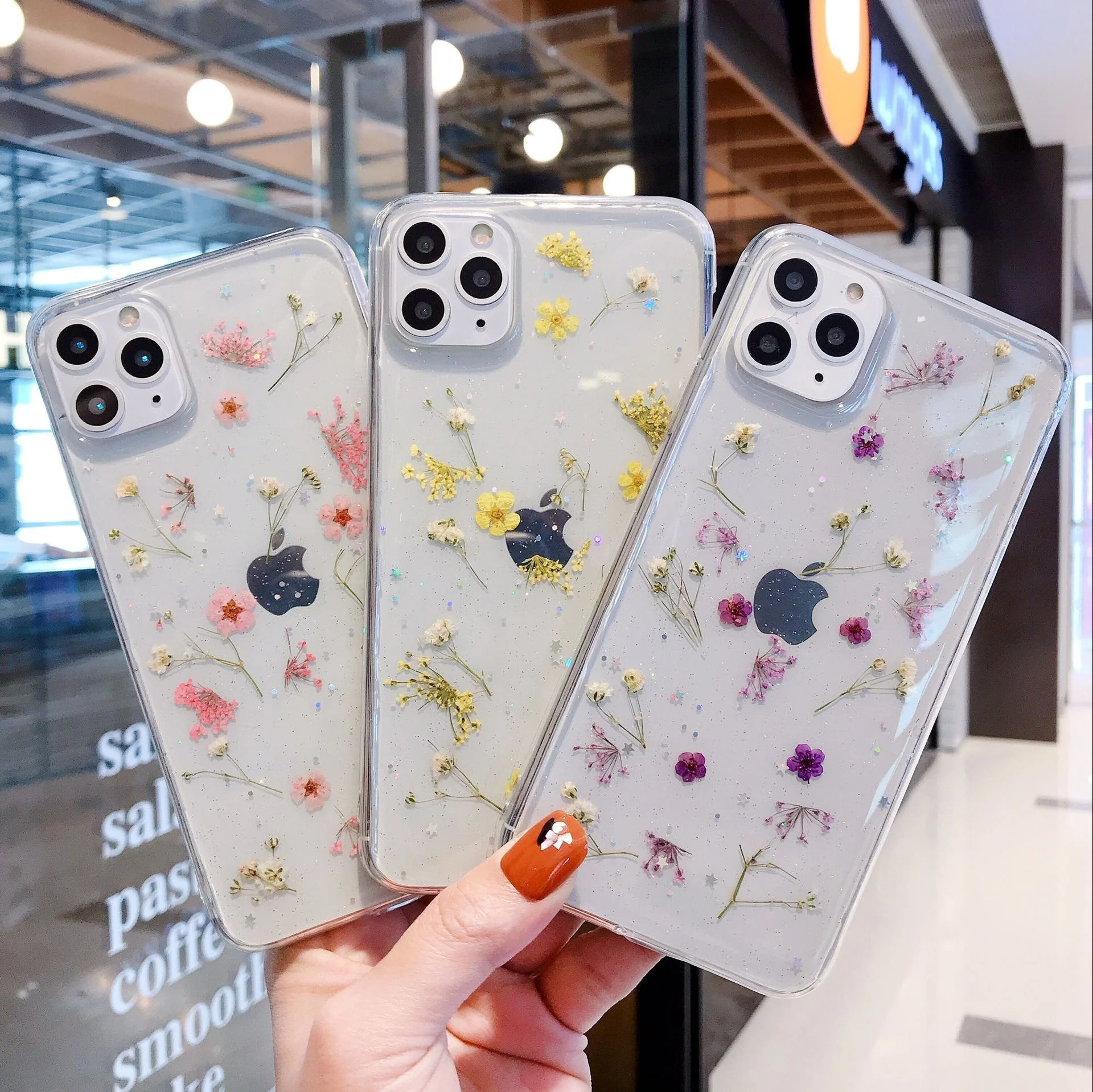 

Glitter Dry Flower Phone Case for iPhone13 Pro Max 13Mini Non-Slip Phone Protective Cover Transparent Epoxy Floral Silicone Case