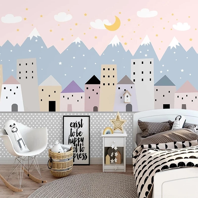 Custom 3D Self Adhesive Wallpaper Kids Room Cartoon House Stars Moon Clouds Children Bedroom Decoration Mural Waterproof | Обустройство